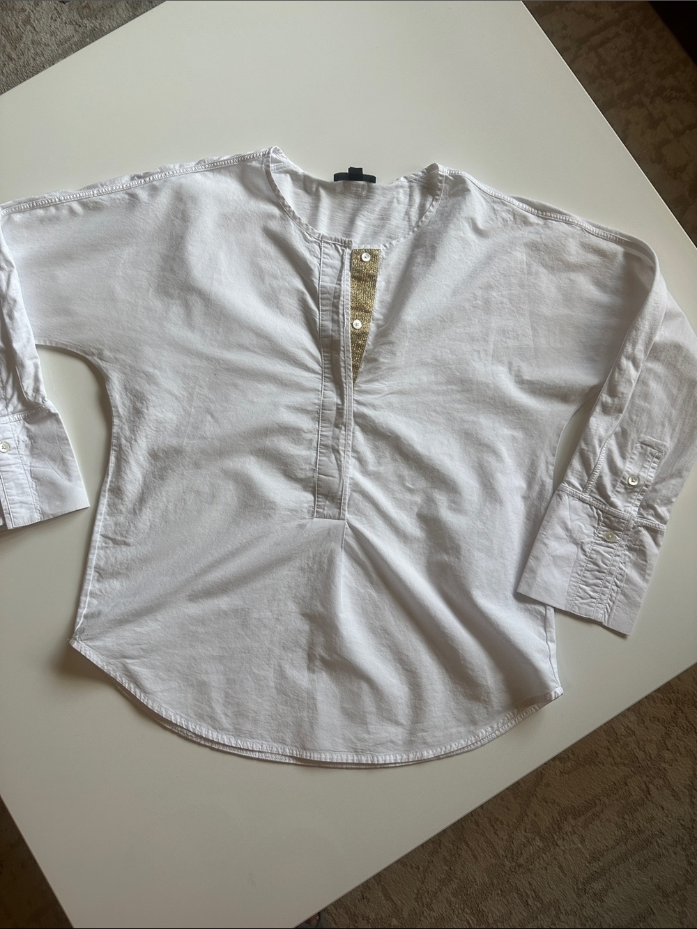 J. Crew White Long Sleeve Popover with Gold Knit Placket